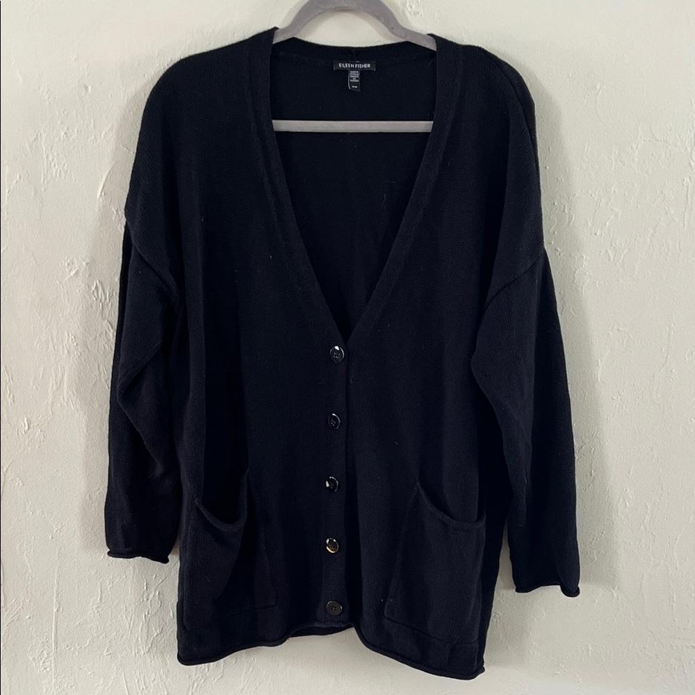 Eileen Fisher Black Button-Up Cardigan Hipline Organic Linen and Organic Cotton